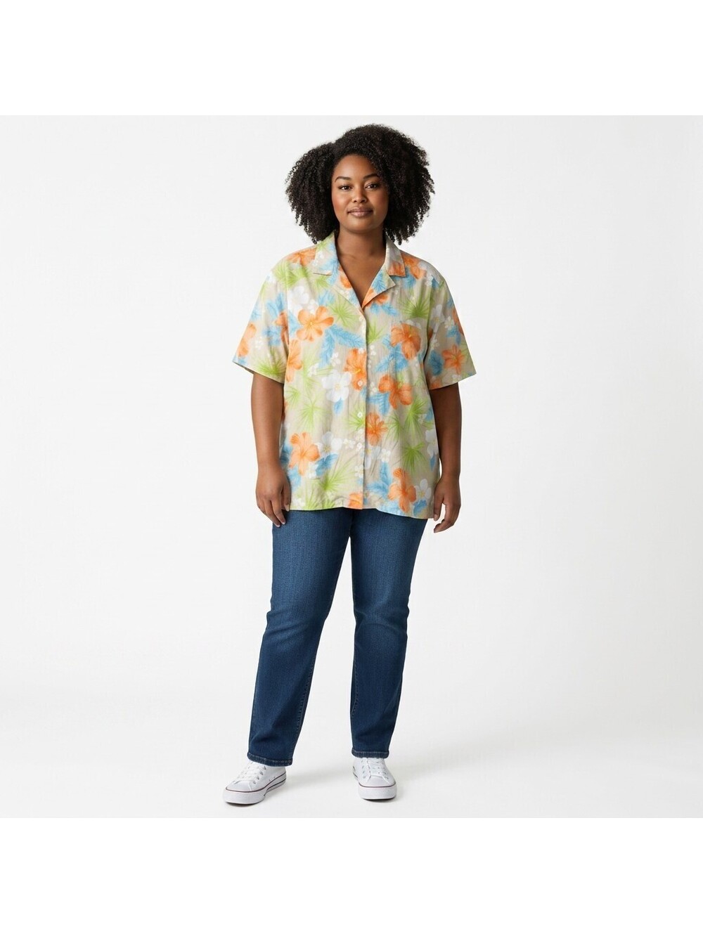 Erika Shirt Women 3X Plus Gray Floral Button Up Collared Short Sleeve Cotton